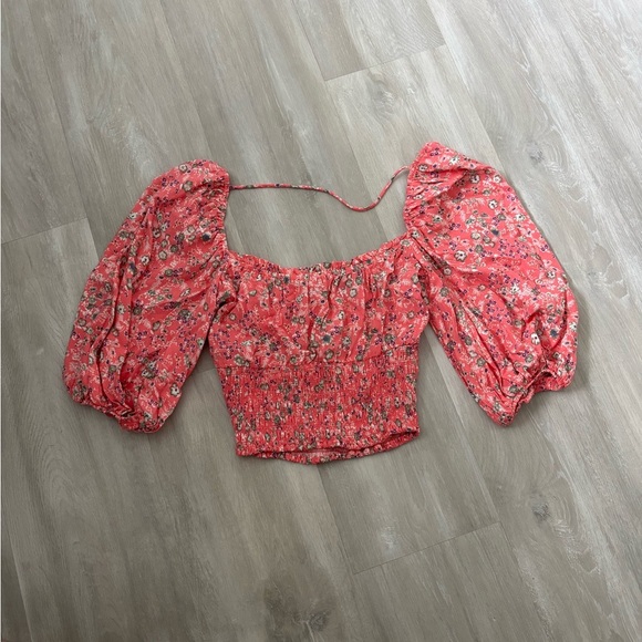 AFRM Waverly Pink Floral Puff Sleeve Smocked Ruffle Crop Top size XS - Picture 5 of 6